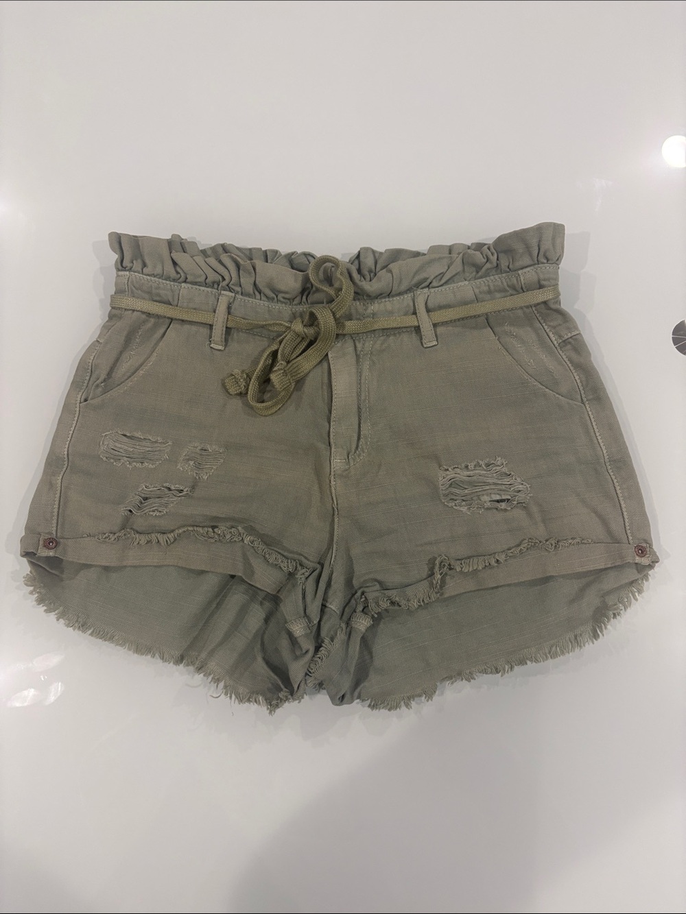 Paperbag Waist Distressed Women’s Shorts - Olive Green. Never worn